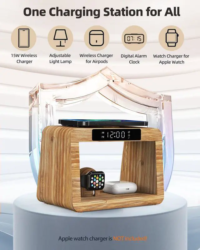 Alt view image 6 of 7 - Bamboo Wireless Charging Station with Alarm Clock & Night Light, 3 in 1 Charging Station for iPhone 17/16/15/14/13/12/11 Pro Max/X/Xs, AirPods 4/3 & AirPods Pro 3/2/1/, Apple Watch Series
