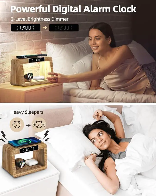 Alt view image 2 of 7 - Bamboo Wireless Charging Station with Alarm Clock & Night Light, 3 in 1 Charging Station for iPhone 17/16/15/14/13/12/11 Pro Max/X/Xs, AirPods 4/3 & AirPods Pro 3/2/1/, Apple Watch Series