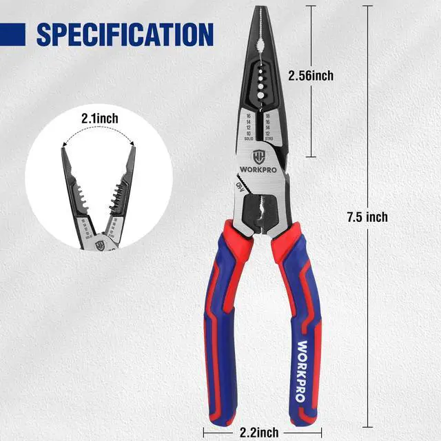 Alt view image 3 of 7 - 6-in-1 Needle Nose Pliers, 8 Inch Multipurpose Long Nose Pliers with Wire Stripper/Crimper/Cutter Function, Premium Heavy-Duty CRV Steel Hand Tool Plier for Home, Crafts