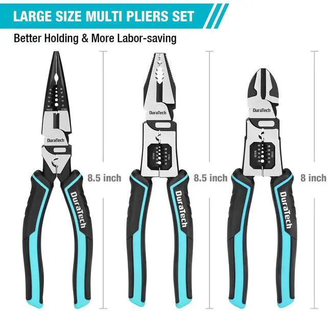 Alt view image 3 of 7 - 3PCS Pliers Set, Large 6 in 1 Multifunctional Wire Stripper Crimper Cutter, 8.5" Long Nose Pliers, 8.5" Linesman Pliers, 8" Diagonal Side Cutting