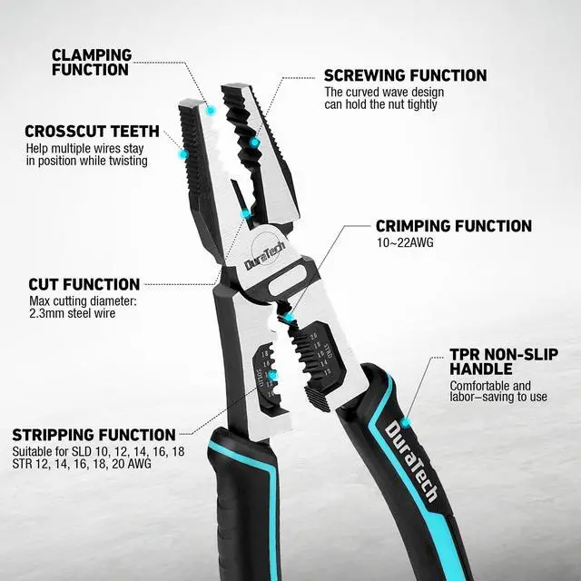 Alt view image 3 of 7 - 6-in-1 Linesman Pliers, 8.5" Multipurpose Combination Pliers with Wire Stripper/Crimper/Cutter Function, Heavy Duty Side-Cutting Pliers for Crimping, Stripping, Shearing, Screwing