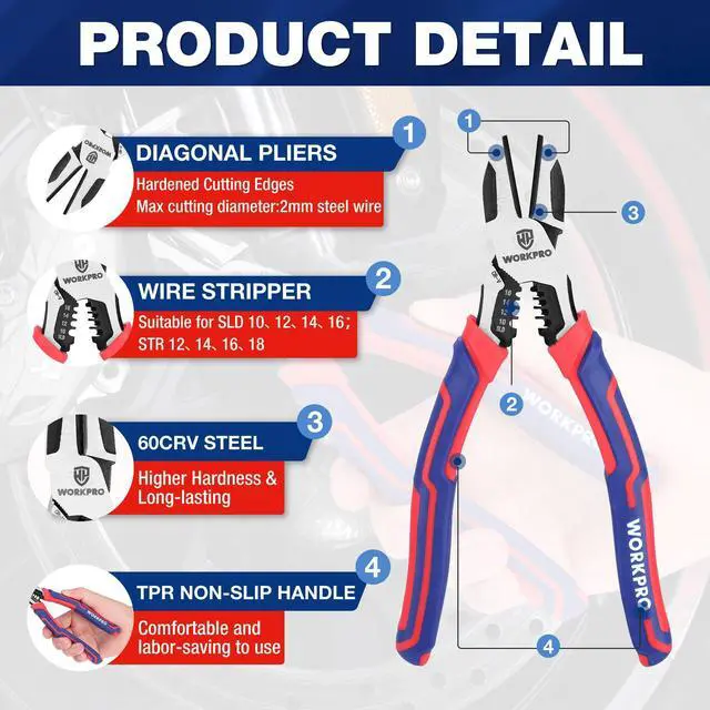 Alt view image 2 of 5 - 2-in-1 Diagonal Cutting Pliers with Wire Stripper, 7.5 Inch CRV Steel Wire Cutters with Comfort Grip Handles, Heavy Duty Side-Cutting Pliers for Electricians and Homes, Christmas Gift