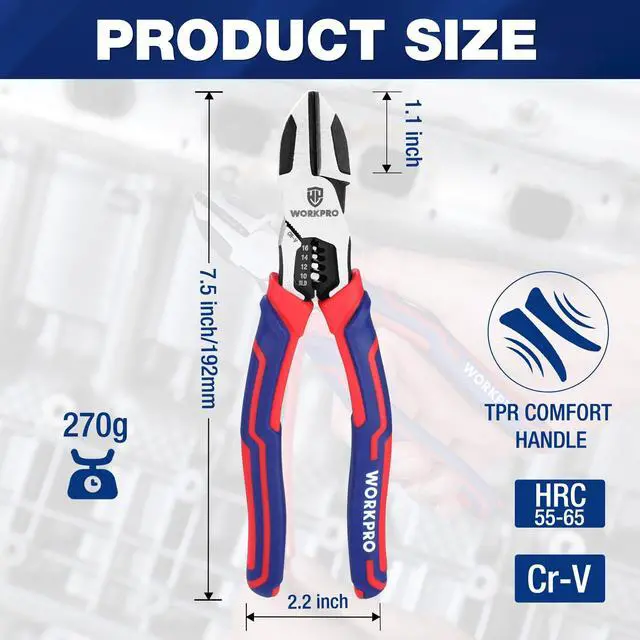 Alt view image 3 of 5 - 2-in-1 Diagonal Cutting Pliers with Wire Stripper, 7.5 Inch CRV Steel Wire Cutters with Comfort Grip Handles, Heavy Duty Side-Cutting Pliers for Electricians and Homes, Christmas Gift