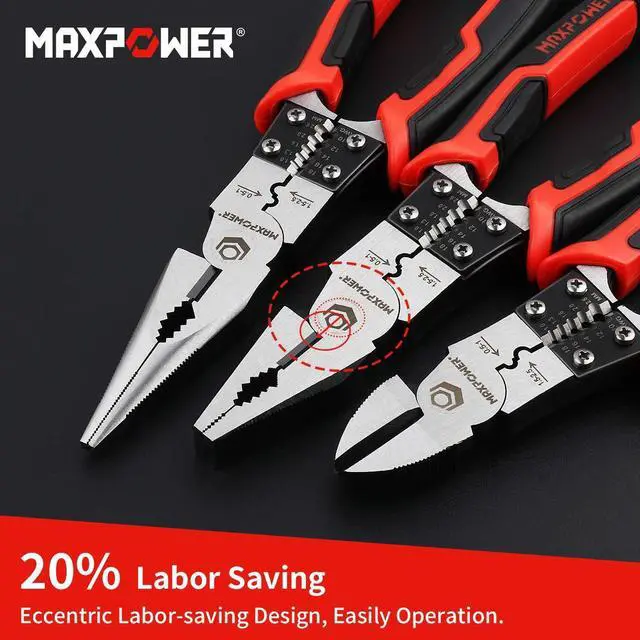 Alt view image 2 of 7 - 3-in-1 Multifunctional Pliers Set, Wire Stripper, Crimper, Cutter, Long Nose Pliers, Diagonal Side Cutters, Linesman Plier - 8 inch