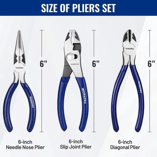 Alt view image 2 of 7 - Pliers Set, 3-Piece Professional Pliers Tool Kit 6" Needle Nose Plier, 6" Slip Joint Plier & 6" Diagonal Plier, Soft Grip Handles for Home DIY & Electrical Work