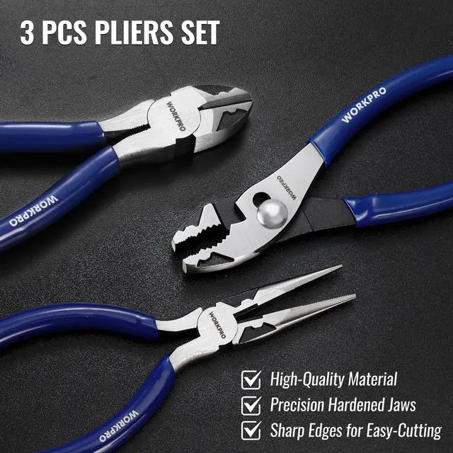 Alt view image 7 of 7 - Pliers Set, 3-Piece Professional Pliers Tool Kit 6" Needle Nose Plier, 6" Slip Joint Plier & 6" Diagonal Plier, Soft Grip Handles for Home DIY & Electrical Work