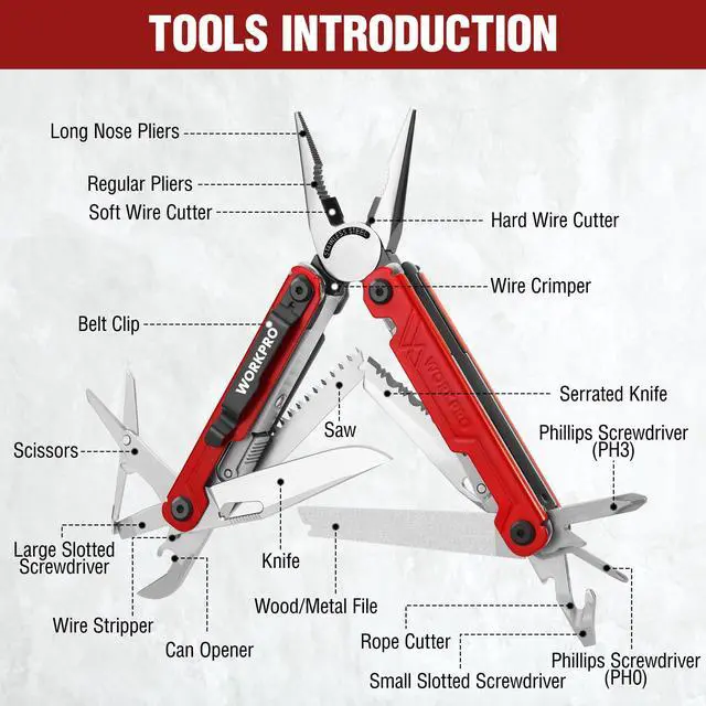 Alt view image 2 of 7 - 18-in-1 Multi Tool Pliers, Gifts for Men & Dad, Stainless Steel EDC Multitool with Pocket Knife, 2 Safety Locks, Belt Clip and Oxford Pouch, Multipurpose Utility Tool for Fathers Day