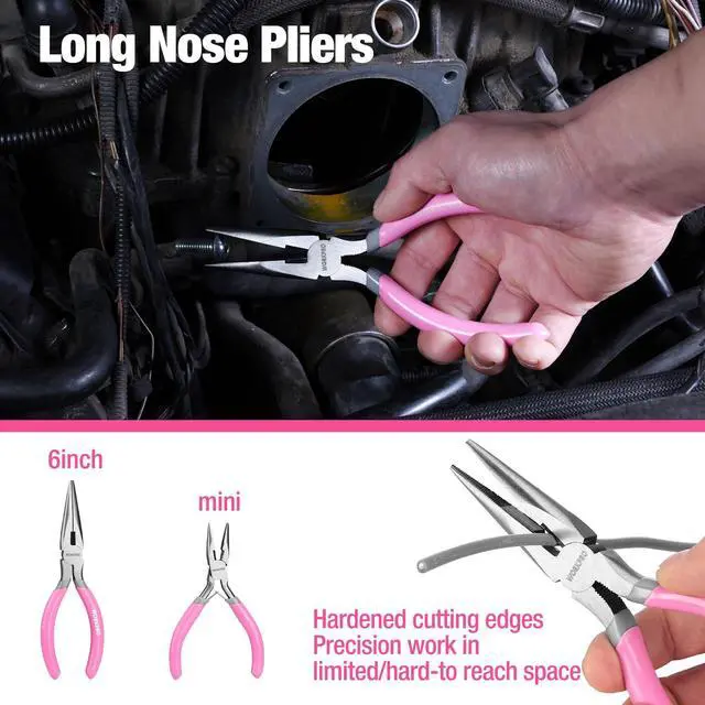 Alt view image 7 of 7 - 7-piece Pliers Set with Groove Joint, Long Nose, Slip Joint, Linesman, and Diagonal Pliers for DIY & Home Use - Pink Ribbon