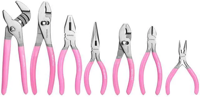 Main image of 7-piece Pliers Set with Groove Joint, Long Nose, Slip Joint, Linesman, and Diagonal Pliers for DIY & Home Use - Pink Ribbon