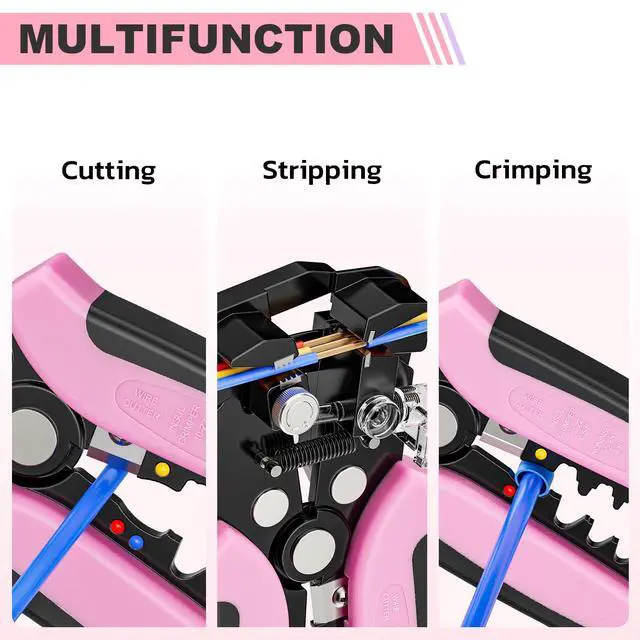 Alt view image 4 of 6 - Self-Adjusting Wire Stripper, Pink 3 In 1 Stripper/Cutter/Crimping Heavy Duty Automatic Electrical Wire Strippers for 10-24 AWG Stranded, Solid,Landscape Etc