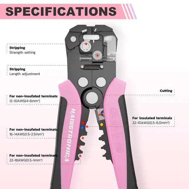 Alt view image 3 of 6 - Self-Adjusting Wire Stripper, Pink 3 In 1 Stripper/Cutter/Crimping Heavy Duty Automatic Electrical Wire Strippers for 10-24 AWG Stranded, Solid,Landscape Etc