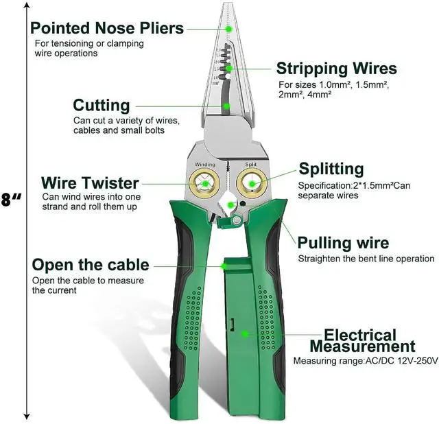 Alt view image 2 of 7 - 8-in-1 Wire Stripper Tool, with Non-Contact Voltage Detector & Safety Insulated Handles, Multi-Function Electrical Pliers for Stripping, Cutting, Crimping, Ideal for Electrician, HVAC, DIY