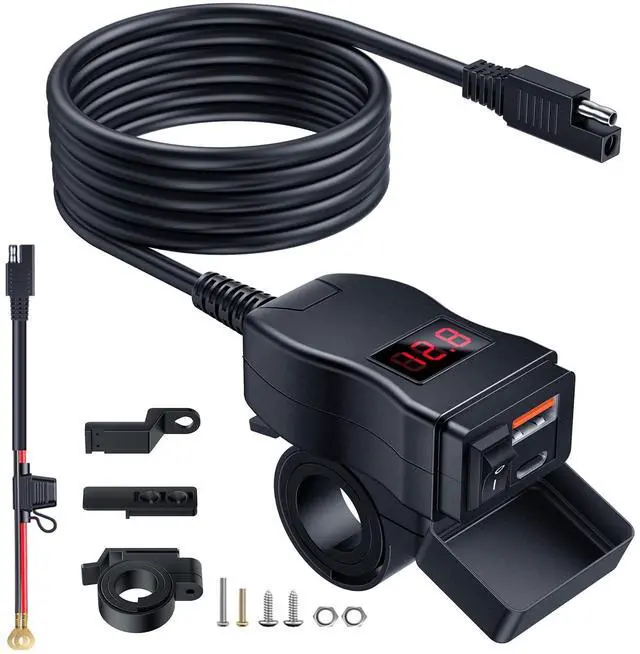 Main image of Motorcycle USB Charger, Dual USB Type C PD & Quick Charge 3.0 Motorcycle Phone Charger with Voltmeter & ON/Off Switch, Waterproof Motorcycle Accessories for All Phone, Tablet, GPS