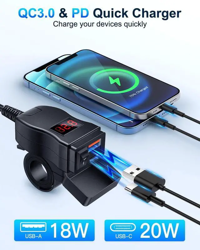 Alt view image 2 of 7 - Motorcycle USB Charger, Dual USB Type C PD & Quick Charge 3.0 Motorcycle Phone Charger with Voltmeter & ON/Off Switch, Waterproof Motorcycle Accessories for All Phone, Tablet, GPS