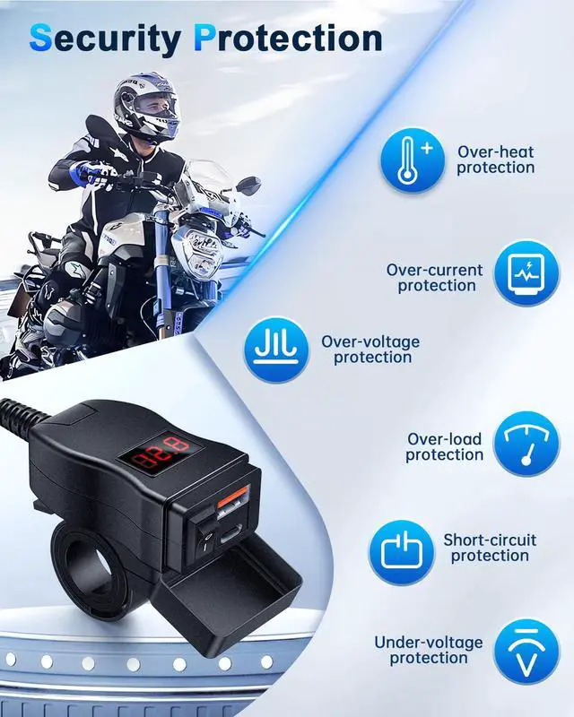 Alt view image 4 of 7 - Motorcycle USB Charger, Dual USB Type C PD & Quick Charge 3.0 Motorcycle Phone Charger with Voltmeter & ON/Off Switch, Waterproof Motorcycle Accessories for All Phone, Tablet, GPS
