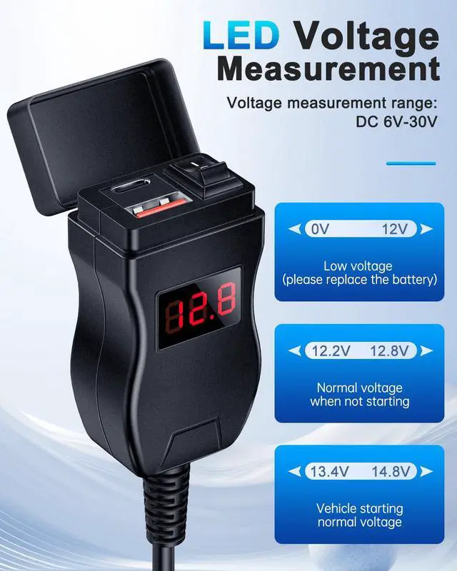 Alt view image 3 of 7 - Motorcycle USB Charger, Dual USB Type C PD & Quick Charge 3.0 Motorcycle Phone Charger with Voltmeter & ON/Off Switch, Waterproof Motorcycle Accessories for All Phone, Tablet, GPS