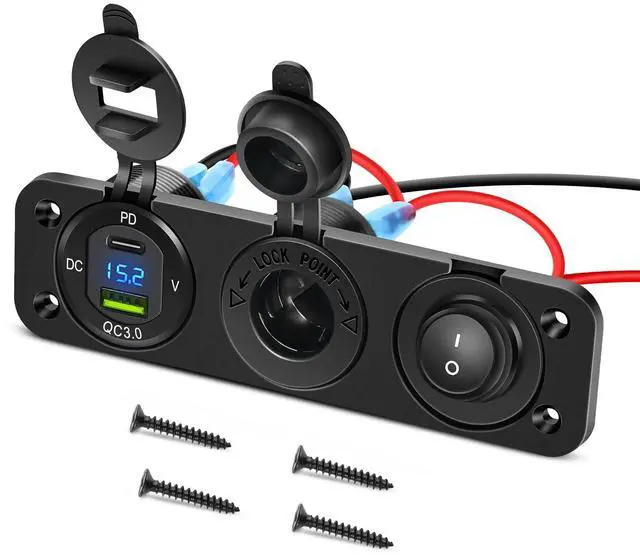 Main image of 4 in 1 Charger Socket Panel PD Type C and QC 3.0 USB with LED Voltmeter Display and Cigarette Lighter Power Cutoff Switch for Cars Trucks UTV ATV