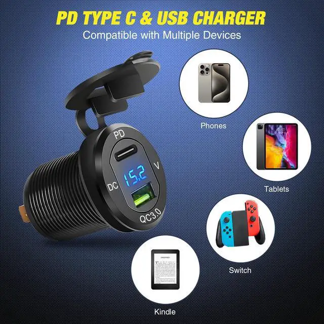 Alt view image 2 of 7 - 4 in 1 Charger Socket Panel PD Type C and QC 3.0 USB with LED Voltmeter Display and Cigarette Lighter Power Cutoff Switch for Cars Trucks UTV ATV