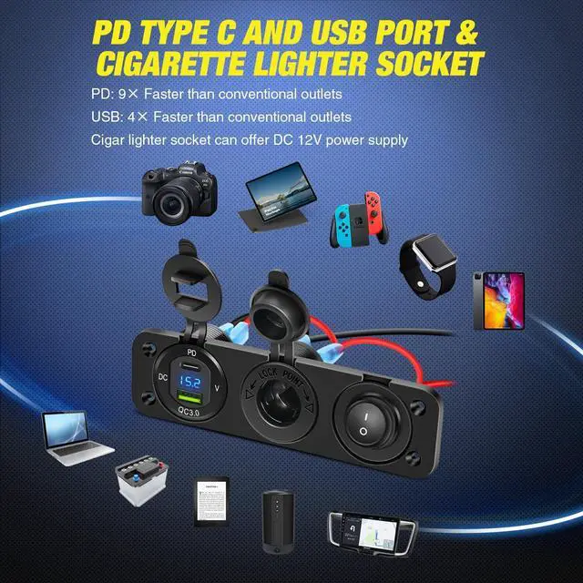 Alt view image 4 of 7 - 4 in 1 Charger Socket Panel PD Type C and QC 3.0 USB with LED Voltmeter Display and Cigarette Lighter Power Cutoff Switch for Cars Trucks UTV ATV