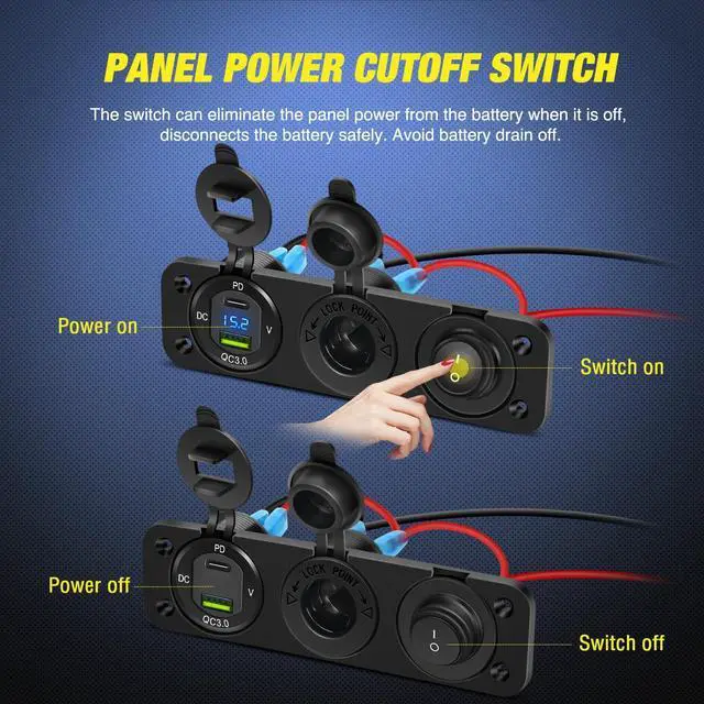 Alt view image 6 of 7 - 4 in 1 Charger Socket Panel PD Type C and QC 3.0 USB with LED Voltmeter Display and Cigarette Lighter Power Cutoff Switch for Cars Trucks UTV ATV