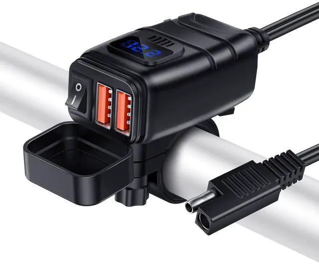 Main image of Motorcycle Phone Charger, SAE to USB Adapter with 12V Voltmeter & ON/Off Switch, 6.8A QC3.0 Dual Port Waterproof Motorcycle USB Charger for Cell Phone, Tablet, GPS, Cameras