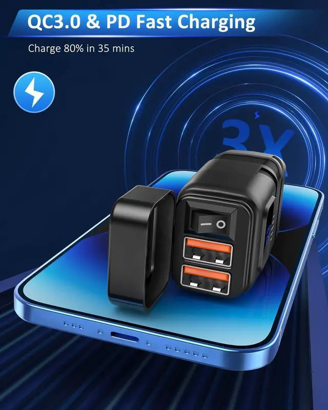 Alt view image 2 of 7 - Motorcycle Phone Charger, SAE to USB Adapter with 12V Voltmeter & ON/Off Switch, 6.8A QC3.0 Dual Port Waterproof Motorcycle USB Charger for Cell Phone, Tablet, GPS, Cameras
