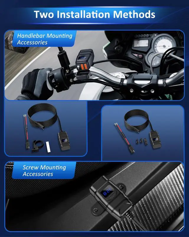 Alt view image 4 of 7 - Motorcycle Phone Charger, SAE to USB Adapter with 12V Voltmeter & ON/Off Switch, 6.8A QC3.0 Dual Port Waterproof Motorcycle USB Charger for Cell Phone, Tablet, GPS, Cameras