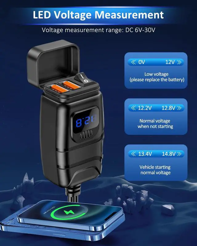 Alt view image 6 of 7 - Motorcycle Phone Charger, SAE to USB Adapter with 12V Voltmeter & ON/Off Switch, 6.8A QC3.0 Dual Port Waterproof Motorcycle USB Charger for Cell Phone, Tablet, GPS, Cameras