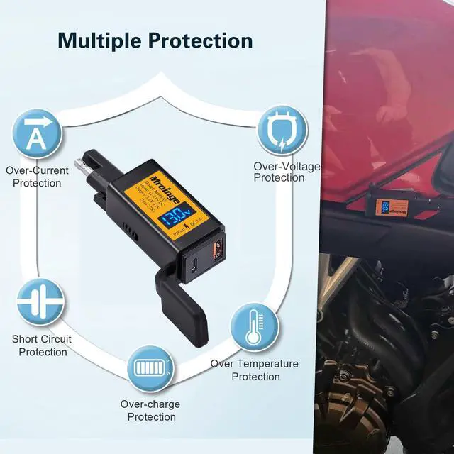 Alt view image 5 of 7 - Motorcycle USB-C Charger, SAE to USB Adapter, 27W Dual Port USB Fast Charger with Voltmeter/Ammeter and ON/Off Switch, Perfect for Phone, Tablet, GPS etc Charging