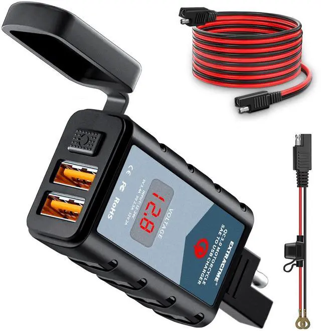Main image of 6.8A Motorcycle USB Charger, Quick Charge 3.0 Dual USB Motorcycle Phone Charger with Voltmeter & ON/Off Switch, Waterproof Motorcycle Accessories SAE to USB Adapter