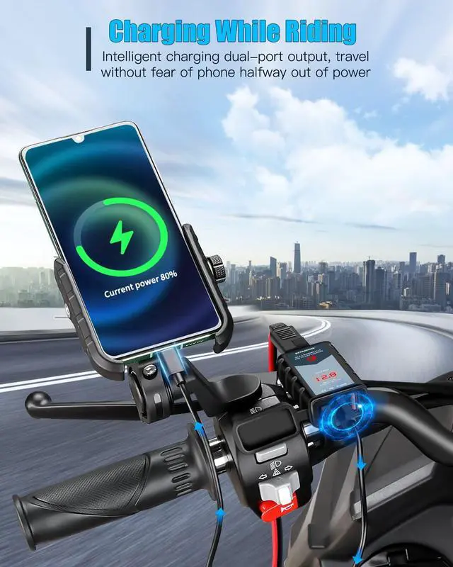 Alt view image 4 of 7 - 6.8A Motorcycle USB Charger, Quick Charge 3.0 Dual USB Motorcycle Phone Charger with Voltmeter & ON/Off Switch, Waterproof Motorcycle Accessories SAE to USB Adapter