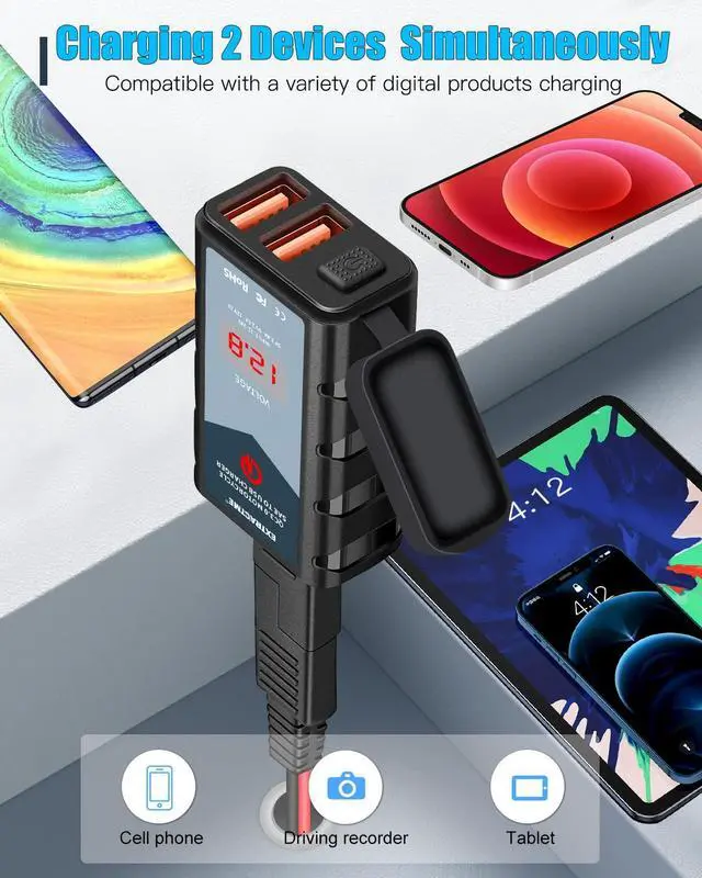 Alt view image 6 of 7 - 6.8A Motorcycle USB Charger, Quick Charge 3.0 Dual USB Motorcycle Phone Charger with Voltmeter & ON/Off Switch, Waterproof Motorcycle Accessories SAE to USB Adapter