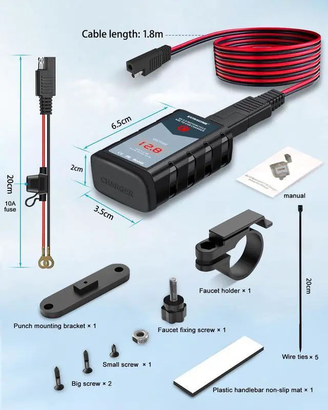 Alt view image 7 of 7 - 6.8A Motorcycle USB Charger, Quick Charge 3.0 Dual USB Motorcycle Phone Charger with Voltmeter & ON/Off Switch, Waterproof Motorcycle Accessories SAE to USB Adapter