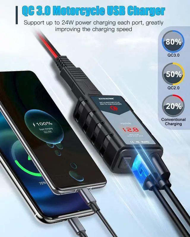 Alt view image 2 of 7 - 6.8A Motorcycle USB Charger, Quick Charge 3.0 Dual USB Motorcycle Phone Charger with Voltmeter & ON/Off Switch, Waterproof Motorcycle Accessories SAE to USB Adapter