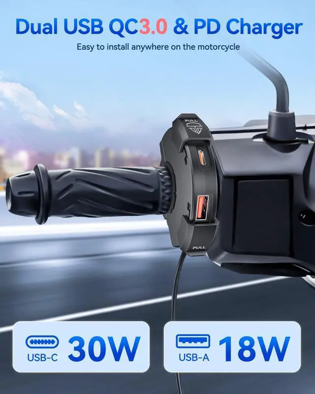 Alt view image 2 of 7 - Motorcycle Phone Charger, Ultra-Narrow Dual USB Type C 30W PD & Quick Charge 3.0 Motorcycle USB Charger, Waterproof Motorcycle USB Port for Phone, Tablet, GPS (Only 0.51 in Wide), Black