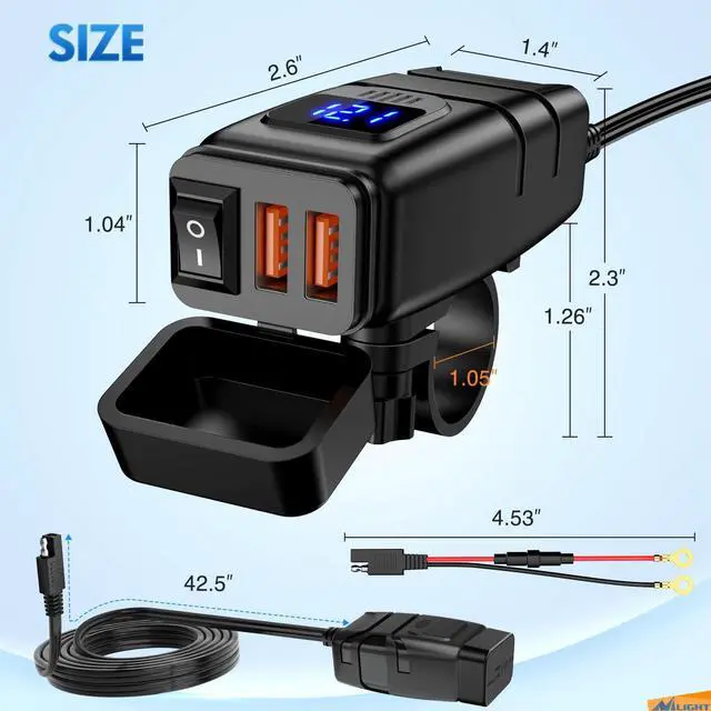 Alt view image 4 of 7 - Motorcycle Charger with 12V Voltmeter Independent On Off Switch SAE USB Adapter Inline 10A Fuse Waterproof 6.8A Dual QC3.0 Fast Charging Phone Tablet for 7/8inch Handlebar ATV
