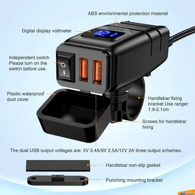Alt view image 5 of 7 - Motorcycle Charger with 12V Voltmeter Independent On Off Switch SAE USB Adapter Inline 10A Fuse Waterproof 6.8A Dual QC3.0 Fast Charging Phone Tablet for 7/8inch Handlebar ATV