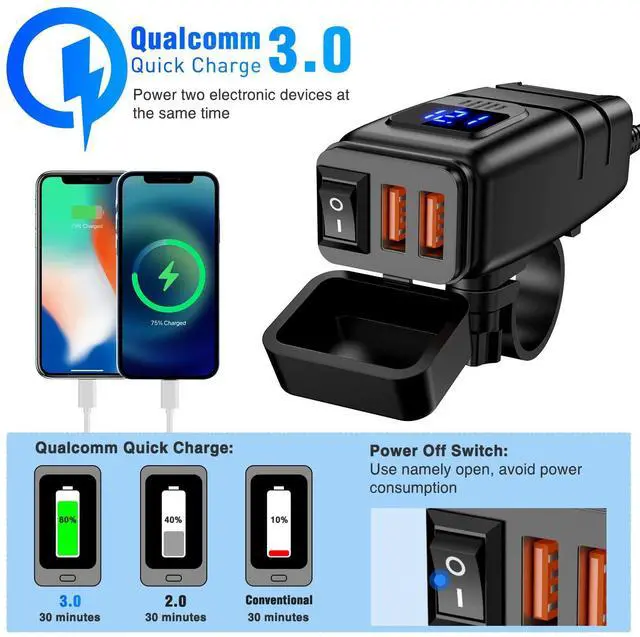 Alt view image 6 of 7 - Motorcycle Charger with 12V Voltmeter Independent On Off Switch SAE USB Adapter Inline 10A Fuse Waterproof 6.8A Dual QC3.0 Fast Charging Phone Tablet for 7/8inch Handlebar ATV