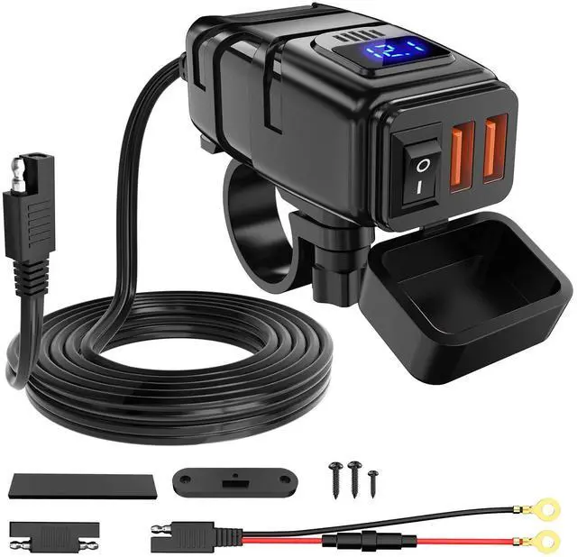 Main image of Motorcycle Charger with 12V Voltmeter Independent On Off Switch SAE USB Adapter Inline 10A Fuse Waterproof 6.8A Dual QC3.0 Fast Charging Phone Tablet for 7/8inch Handlebar ATV