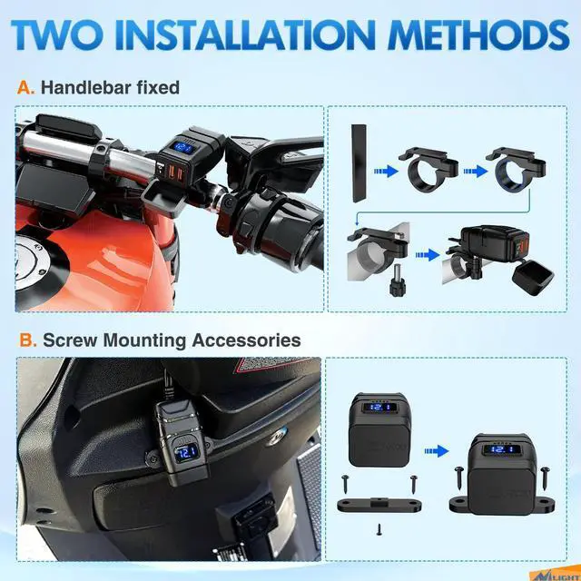 Alt view image 3 of 7 - Motorcycle Charger with 12V Voltmeter Independent On Off Switch SAE USB Adapter Inline 10A Fuse Waterproof 6.8A Dual QC3.0 Fast Charging Phone Tablet for 7/8inch Handlebar ATV