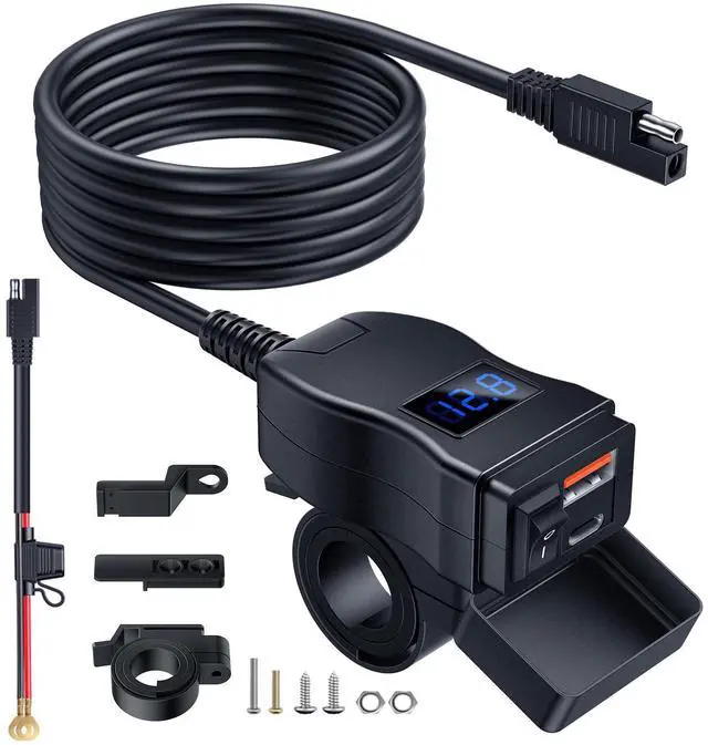 Main image of Motorcycle USB Charger, Dual USB Type C PD & Quick Charge 3.0 Motorcycle Phone Charger with Voltmeter & ON/Off Switch, Waterproof Motorcycle Accessories for All Phone, Tablet, GPS
