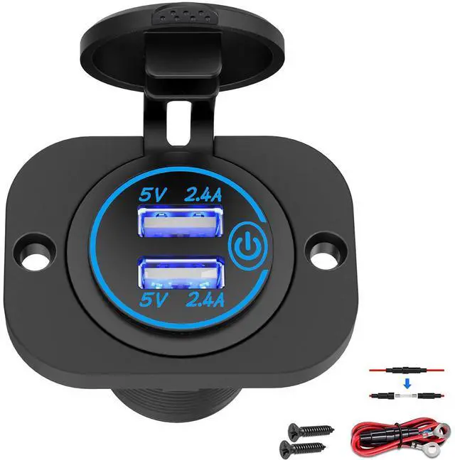 Main image of Dual USB Socket 12V Marine Outlet with Switch Golf Cart USB Port 12 Volt DC Car Charger Mount Waterproof Cigarette Lighter Power Adapter DIY Kit Fast Charge with Blue LED for Boat Motorcycle ATV RV