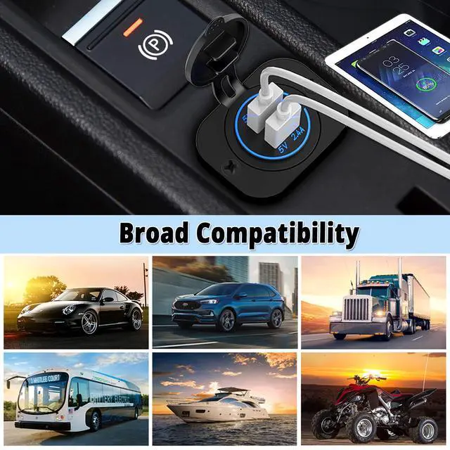 Alt view image 4 of 7 - Dual USB Socket 12V Marine Outlet with Switch Golf Cart USB Port 12 Volt DC Car Charger Mount Waterproof Cigarette Lighter Power Adapter DIY Kit Fast Charge with Blue LED for Boat Motorcycle ATV RV