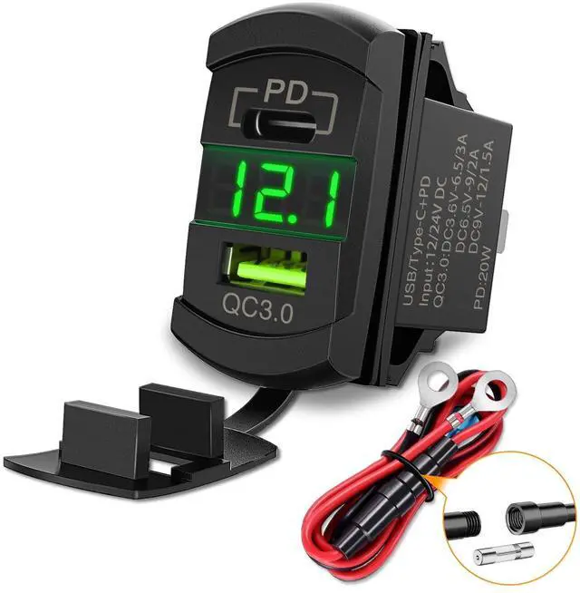 Main image of Rocker Switch Style USB Outlet LED Voltmeter Quick Connector 12V PD Type C and USB QC 3.0 Cars Replacement with Inline Fuse for Switches Panel on Boats RV Truck Car