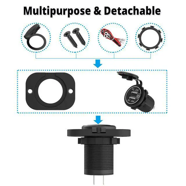 Alt view image 5 of 7 - Dual USB Socket 12V Marine Outlet with Switch Golf Cart USB Port 12 Volt DC Car Charger Mount Waterproof Cigarette Lighter Power Adapter DIY Kit Fast Charge with Blue LED for Boat Motorcycle ATV RV