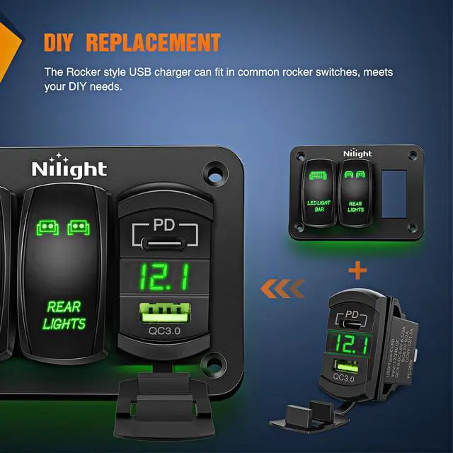 Alt view image 4 of 7 - Rocker Switch Style USB Outlet LED Voltmeter Quick Connector 12V PD Type C and USB QC 3.0 Cars Replacement with Inline Fuse for Switches Panel on Boats RV Truck Car