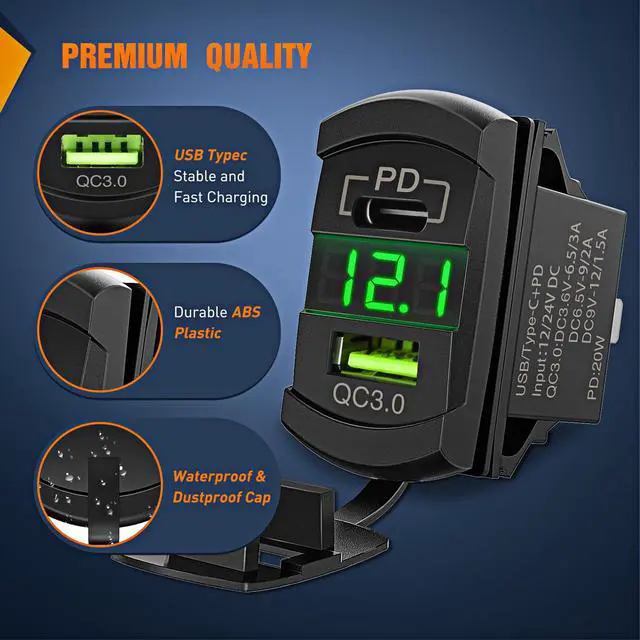 Alt view image 3 of 7 - Rocker Switch Style USB Outlet LED Voltmeter Quick Connector 12V PD Type C and USB QC 3.0 Cars Replacement with Inline Fuse for Switches Panel on Boats RV Truck Car