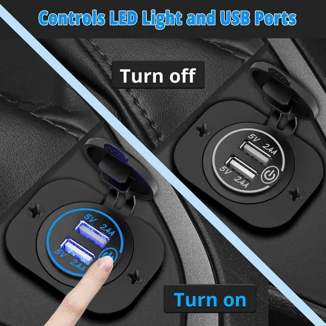 Alt view image 2 of 7 - Dual USB Socket 12V Marine Outlet with Switch Golf Cart USB Port 12 Volt DC Car Charger Mount Waterproof Cigarette Lighter Power Adapter DIY Kit Fast Charge with Blue LED for Boat Motorcycle ATV RV