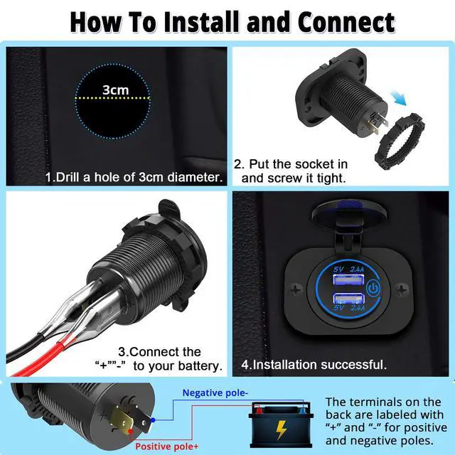 Alt view image 6 of 7 - Dual USB Socket 12V Marine Outlet with Switch Golf Cart USB Port 12 Volt DC Car Charger Mount Waterproof Cigarette Lighter Power Adapter DIY Kit Fast Charge with Blue LED for Boat Motorcycle ATV RV