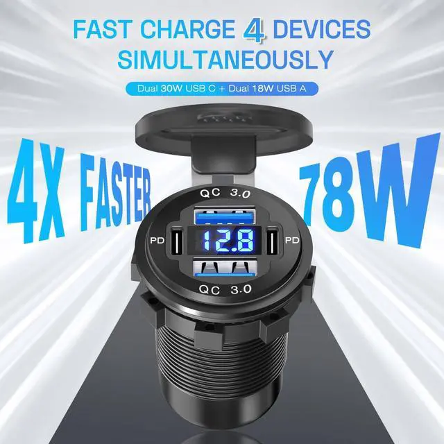 Alt view image 3 of 7 - 2Pcs 12V/24V Outlet with Voltmeter, Quick Charge 3.0 Dual USB Power Outlet, Waterproof Fast Charge USB Charger Socket DIY Kit for Car Boat Marine (2 Pack)